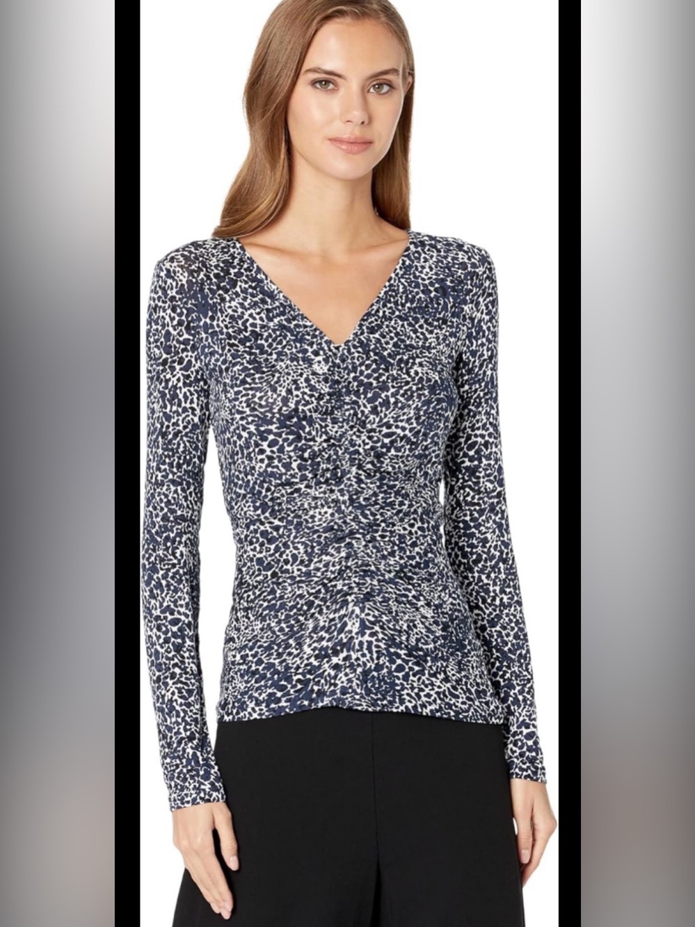 NWT BCBG Women’s Blue, Blackand White V-Neck Long Sleeve Top